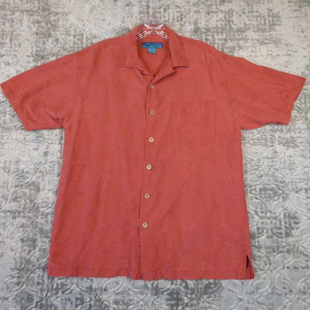 Paradise Blue Shirt Mens Large Pink 100% Silk Short Sleeve Hawaiian Camp